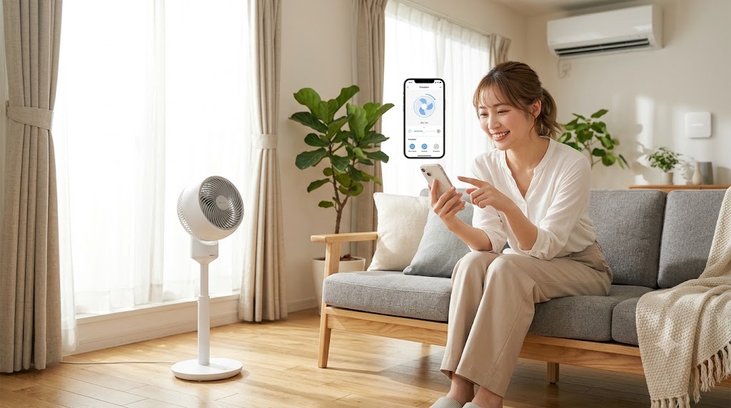 おしゃれなリビングに設置されたSwitchBot スマートサーキュレーター Liteの前で、日本人女性がスマートフォンを操作してアプリ連携を楽しんでいる様子。明るくスマートな夏の快適ライフ。