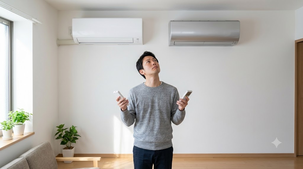 日本人男性が壁に並んだ2台の異なるエアコンを比較検討している様子