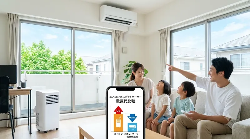 リビングでエアコンとスポットクーラーの電気代を比較する日本の家族