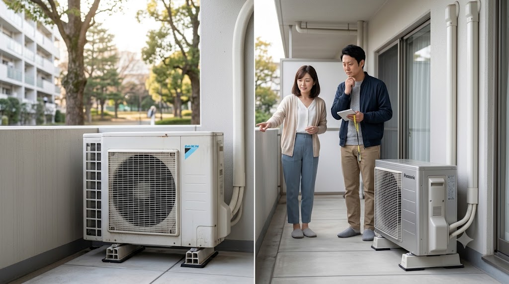 マンションのベランダで大型と標準サイズの室外機を比較する日本人夫婦
