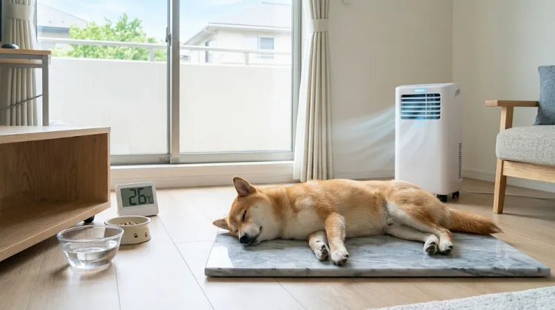 涼しい部屋で快適に留守番をする柴犬と26度を示す温度計