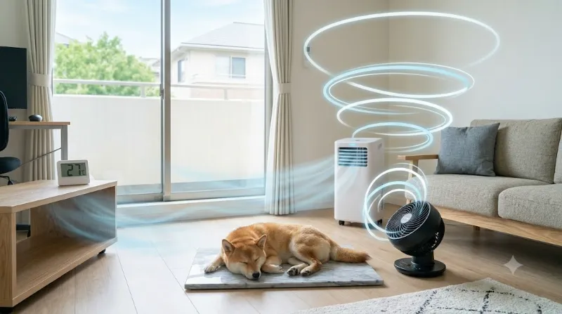 スポットクーラーの冷気をサーキュレーターで循環させ、効率よく涼む柴犬