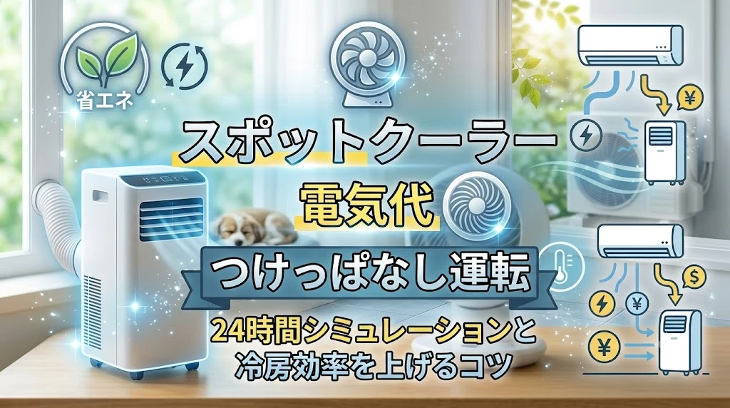 スポットクーラーとエアコンの電気代比較、ペットの留守番時のつけっぱなし運転をイメージした記事用アイキャッチ画像