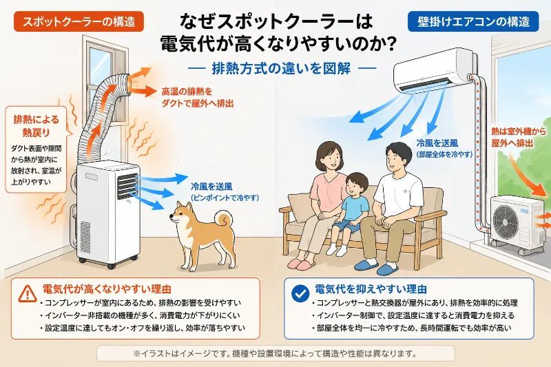 スポットクーラーと壁掛けエアコンの排熱方式の違いを比較した図。スポットクーラーは排熱による熱戻りが生じやすく、壁掛けエアコンは室外機から屋外へ排熱する仕組みを示している。